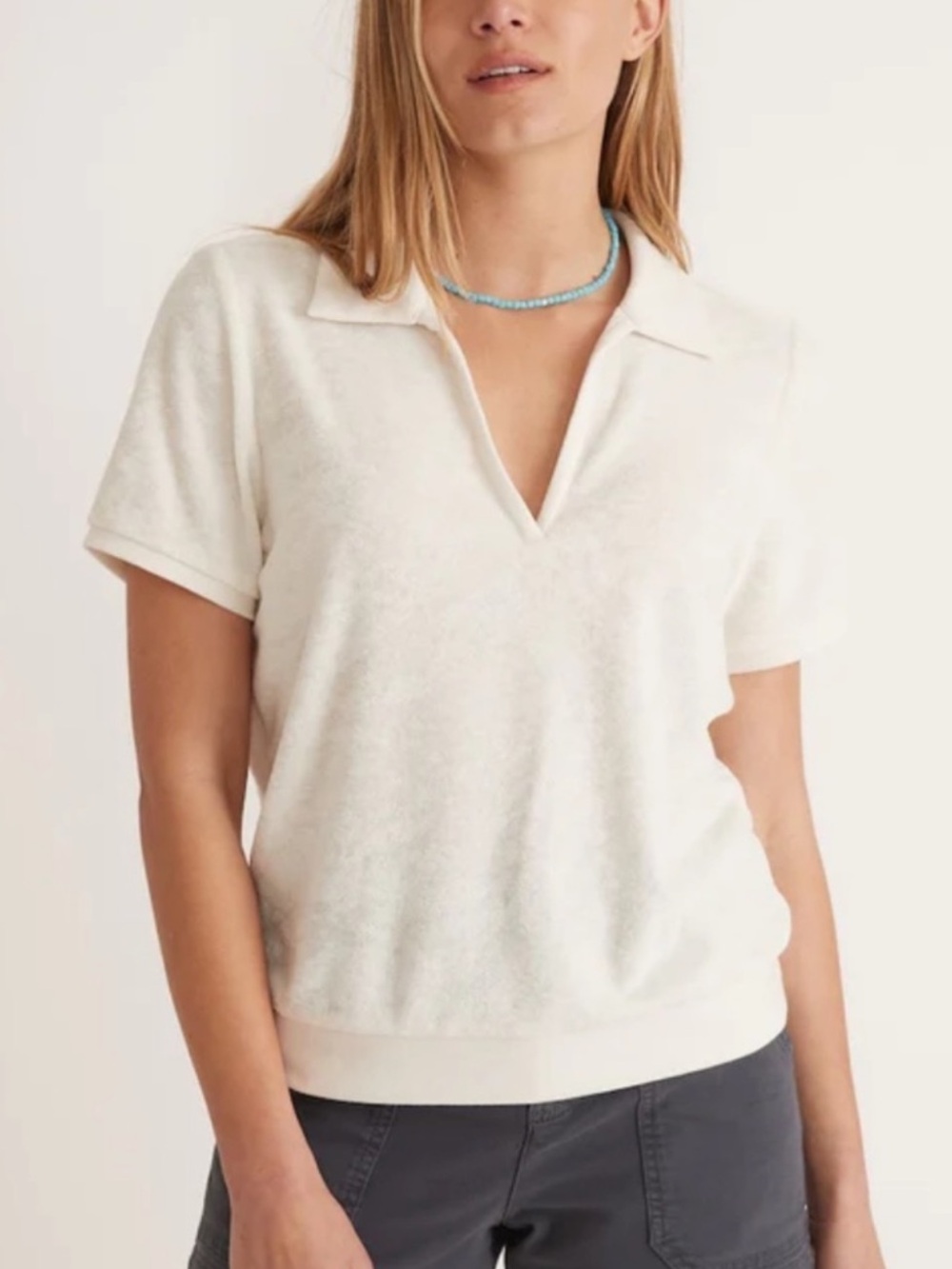 Marine Layer Marshmallow Cream Vintage Style Terry V Neck Polo Top